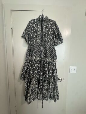 Black & White Tiered Maxi Dress with Drawstring Neck